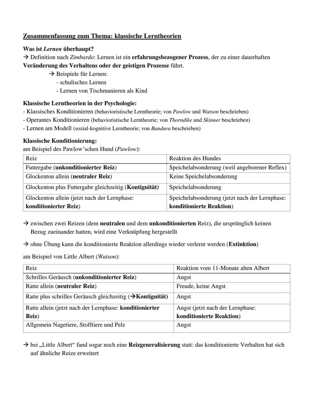 Zusammenfassung zum Thema: klassische Lerntheorien
Was ist Lernen überhaupt?
→ Definition nach Zimbardo: Lernen ist ein erfahrungsbezogener 