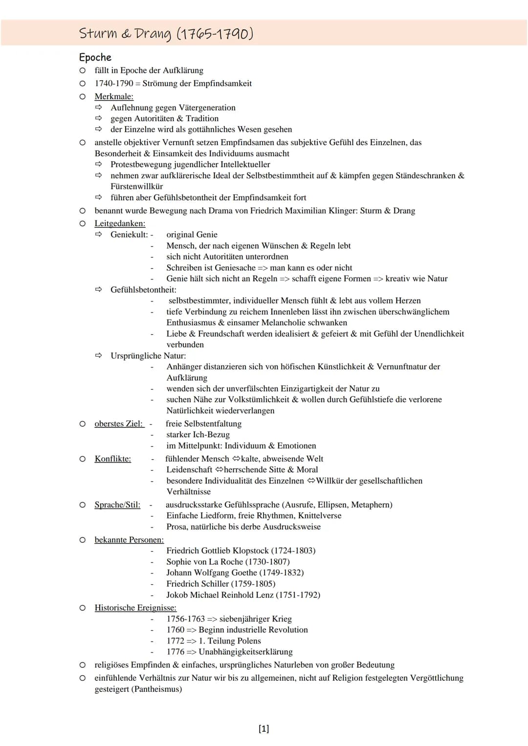 Sturm & Drang (1765-1790)
Epoche
O
O
fällt in Epoche der Aufklärung
1740-1790 = Strömung der Empfindsamkeit
Merkmale:
Auflehnung gegen Väter