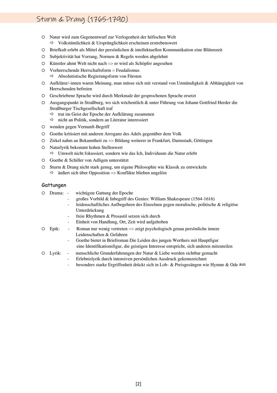 Sturm & Drang (1765-1790)
Epoche
O
O
fällt in Epoche der Aufklärung
1740-1790 = Strömung der Empfindsamkeit
Merkmale:
Auflehnung gegen Väter