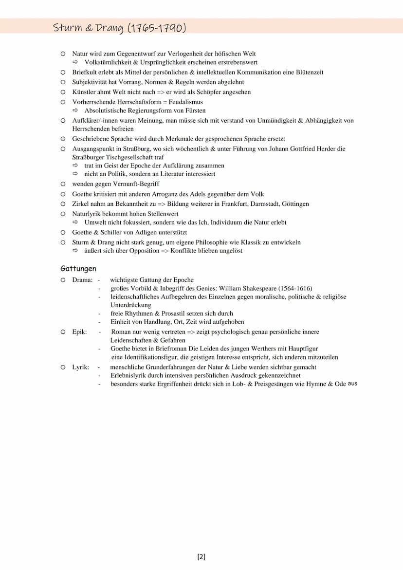 Sturm & Drang (1765-1790)
Epoche
O
O
fällt in Epoche der Aufklärung
1740-1790 = Strömung der Empfindsamkeit
Merkmale:
Auflehnung gegen Väter