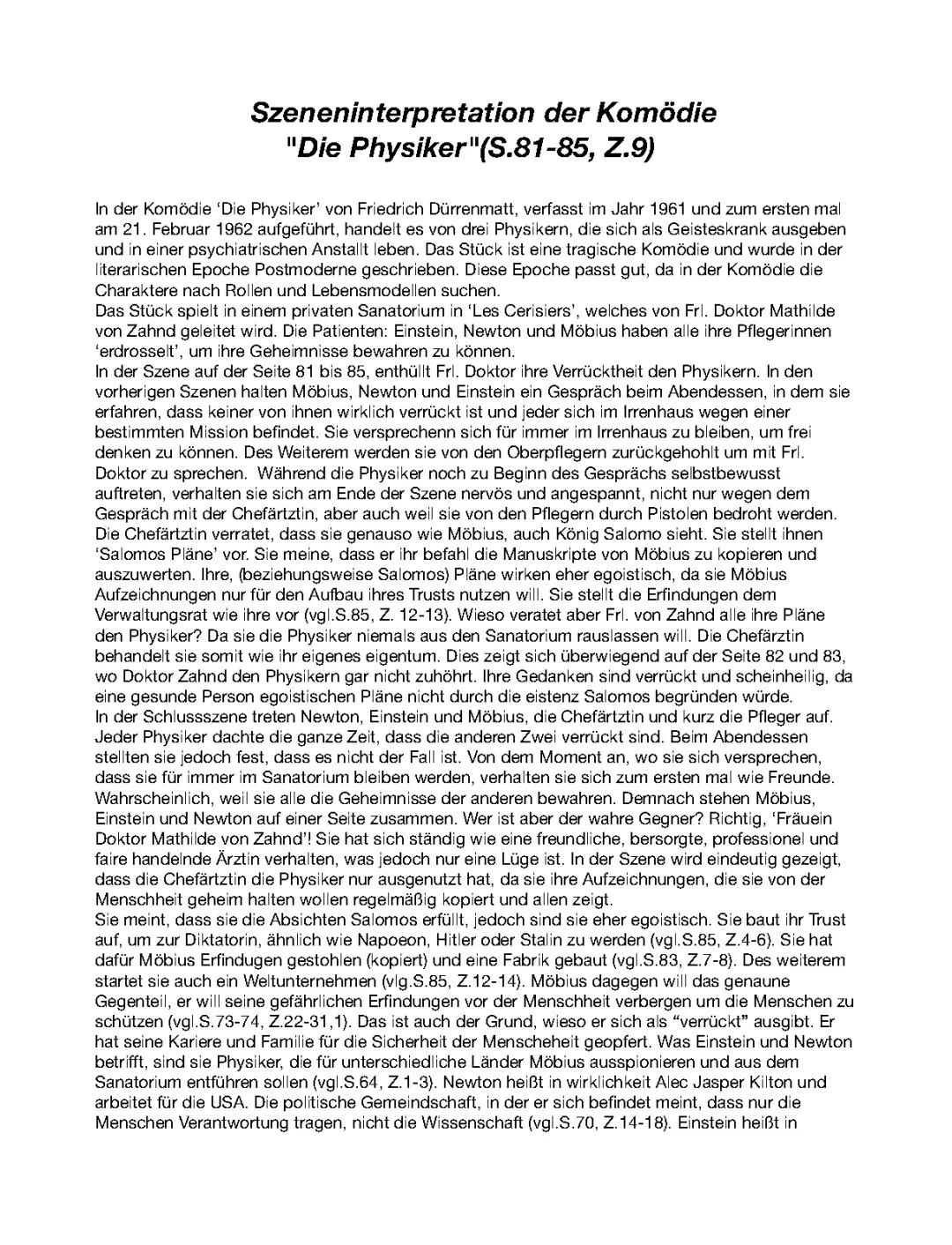 Szeneninterpretation der Komödie "Die Physiker"