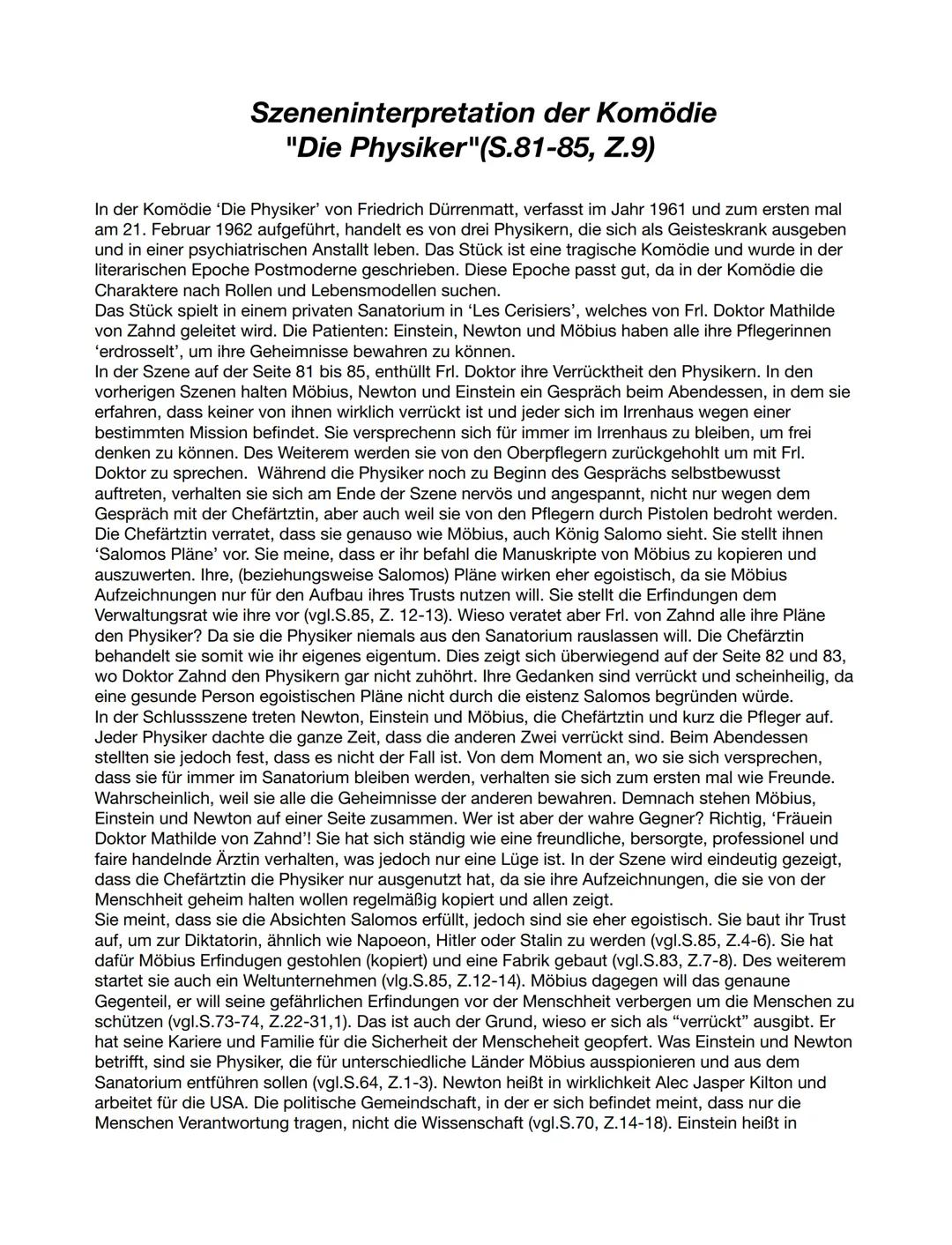 Szeneninterpretation der Komödie
"Die Physiker"(S.81-85, Z.9)
In der Komödie 'Die Physiker' von Friedrich Dürrenmatt, verfasst im Jahr 1961 