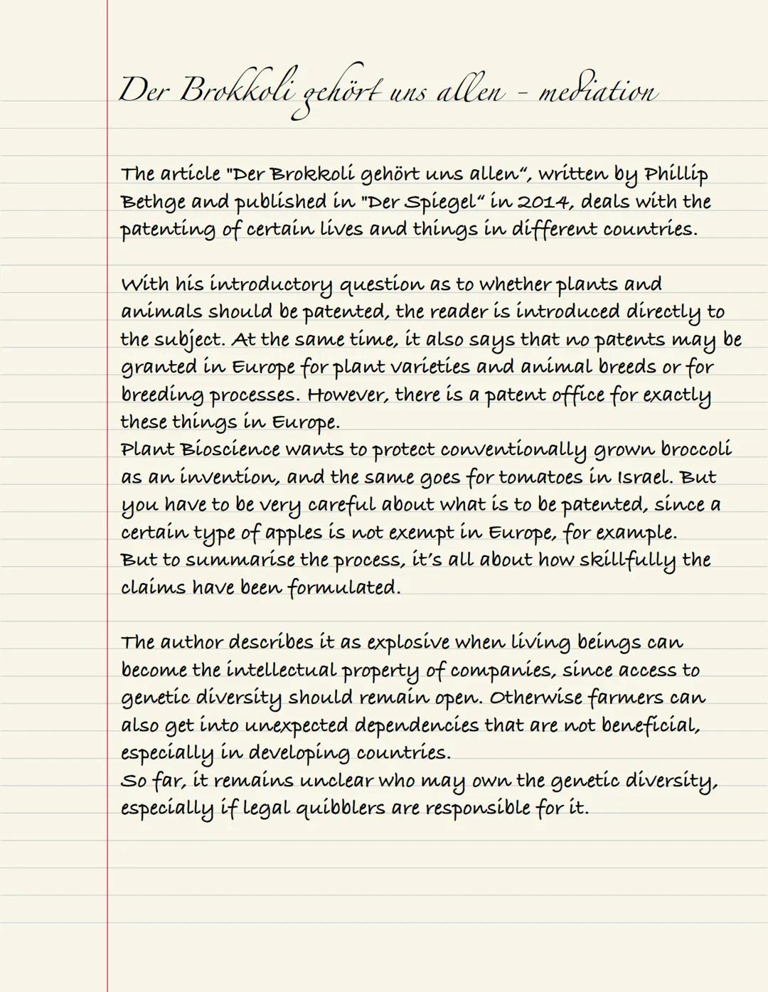 Der Brokkoli gehört uns allen - mediation
The article "Der Brokkolí gehört uns allen", written by Phillip
Bethge and published in "Der Spieg