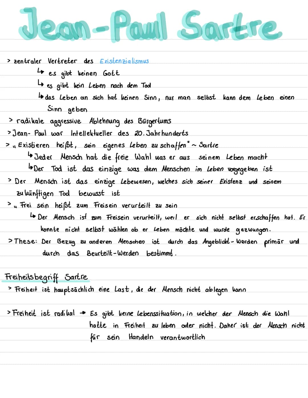 > zentraler Vertreter des Existenzialismus
es gibt keinen Gott
↳
es gibt kein Leben nach dem Tod
L das Leben an sich hat keinen Sinn, nur ma