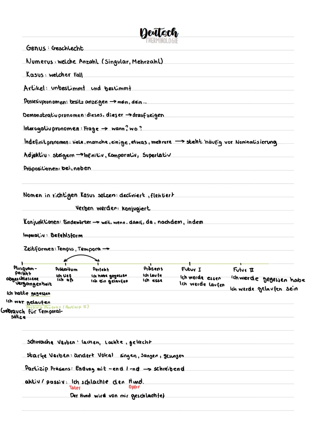 Genus Geschlecht.
Numerus welche Anzahl (Singular, Mehrzahl)
Kasus: welcher Fall
Artikel: unbestimmt und bestimmt.
Possesivpronomen: besitz 