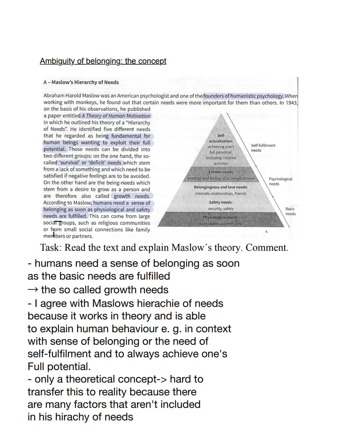 Ambiguity of belonging: the concept
A - Maslow's Hierarchy of Needs
Abraham Harold Maslow was an American psychologist and one of the founde