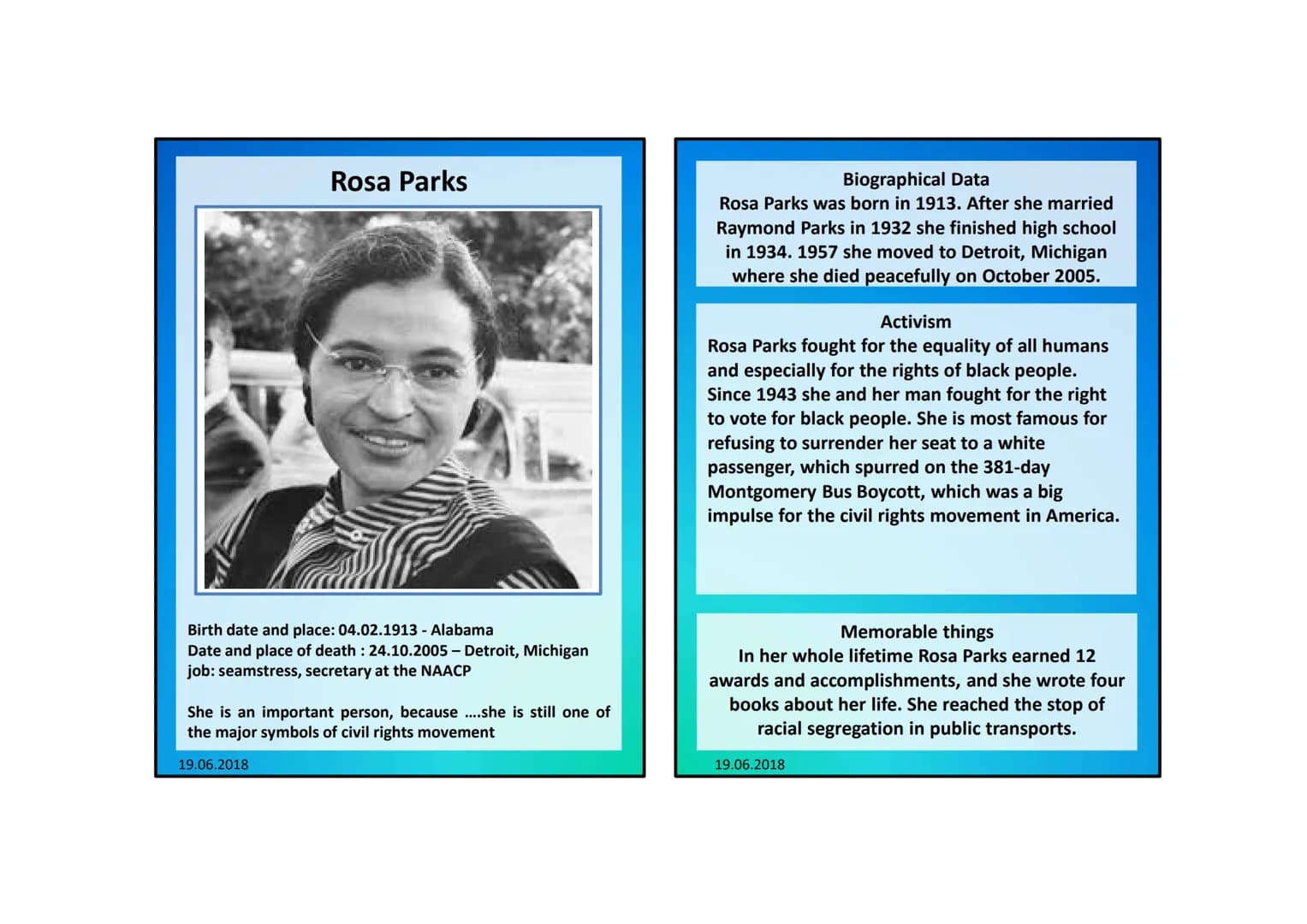 Rosa Parks
Birth date and place: 04.02.1913 - Alabama
Date and place of death : 24.10.2005 - Detroit, Michigan
job: seamstress, secretary at