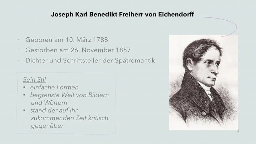 Gedichtanalyse
Deutschunterricht Gliederung
Die Epoche der
Romantik
Joseph von
Eichendorff
Gedichtanalyse
Bild- & Textquellen
2 Grunddaten z