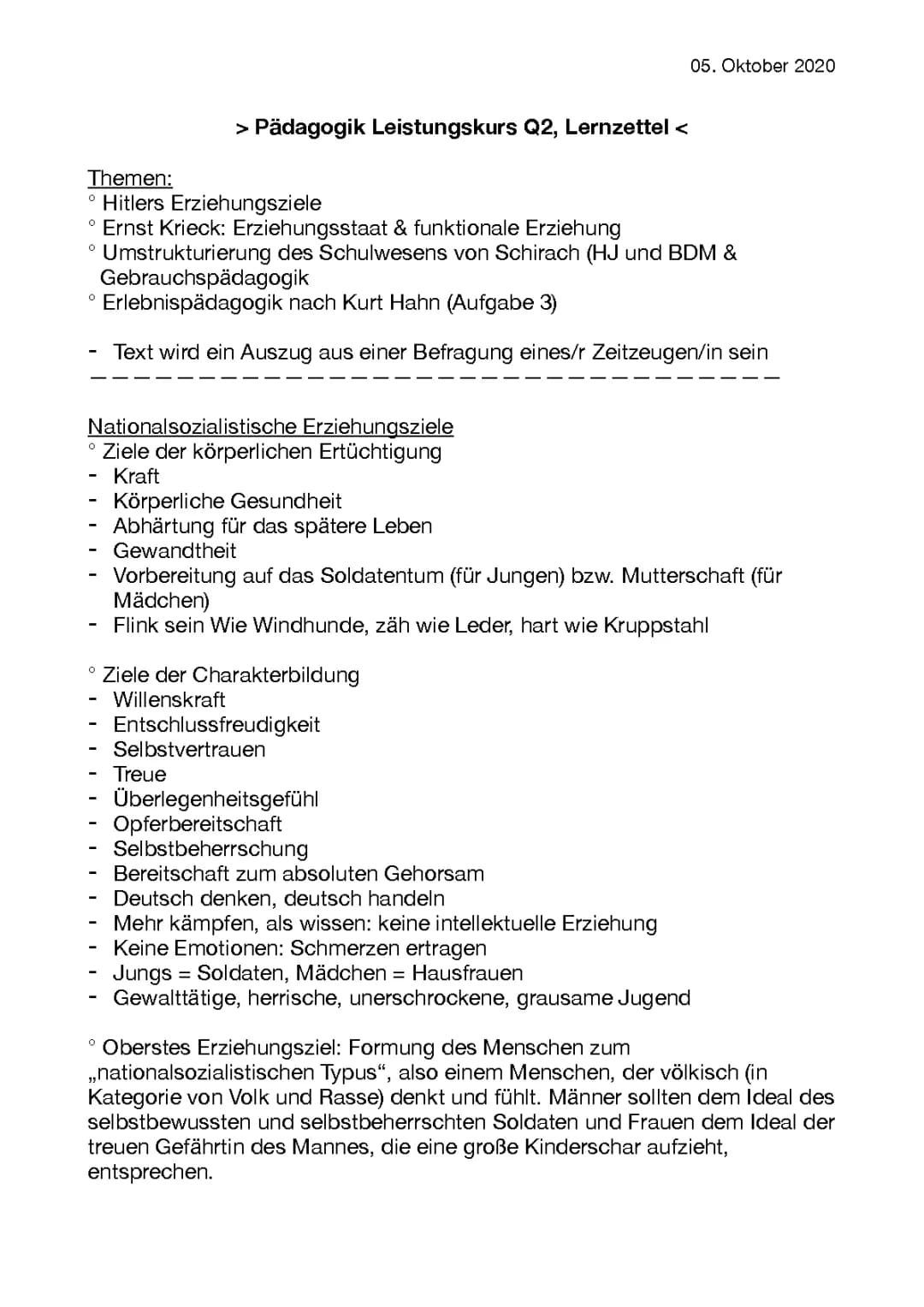 Zusammenfassung zur Erziehung und Schule im Nationalsozialismus