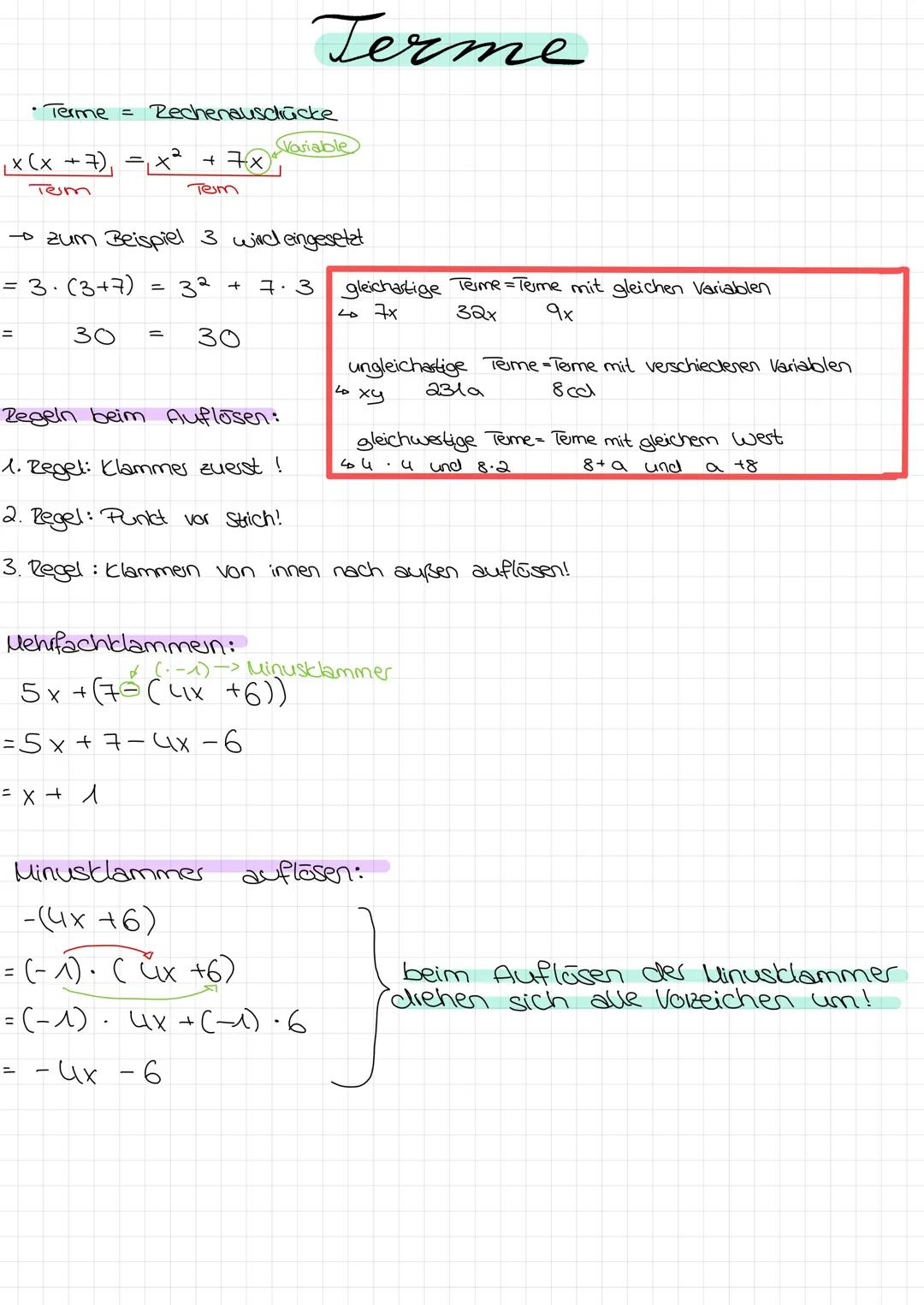• Terme = Rechenausdrucke
₁ x (x + 7) = x2 + 7×₁
Tem
Tem
= 3· (3+7)
=
zum Beispiel 3 wird eingesetzt
32 +
30
=
30 =
Mehrfachklammern:
= x + 