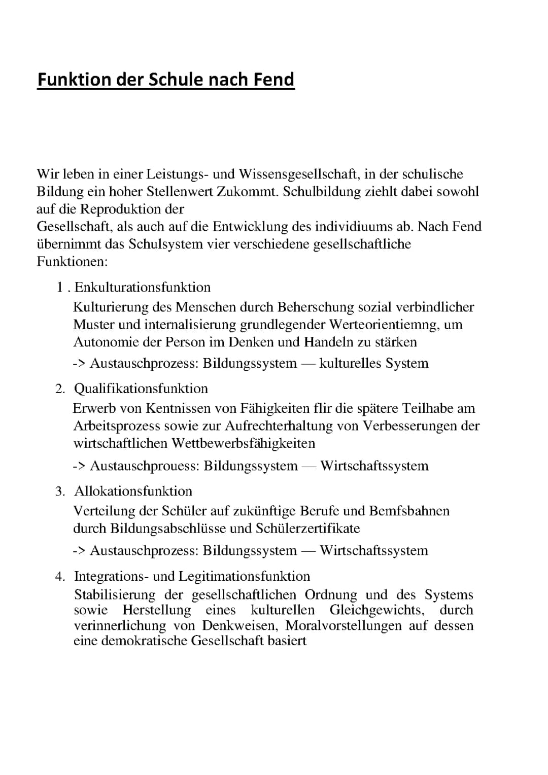 Helmut Fends Theorie der Schule: Zusammenfassung der Schulfunktionen