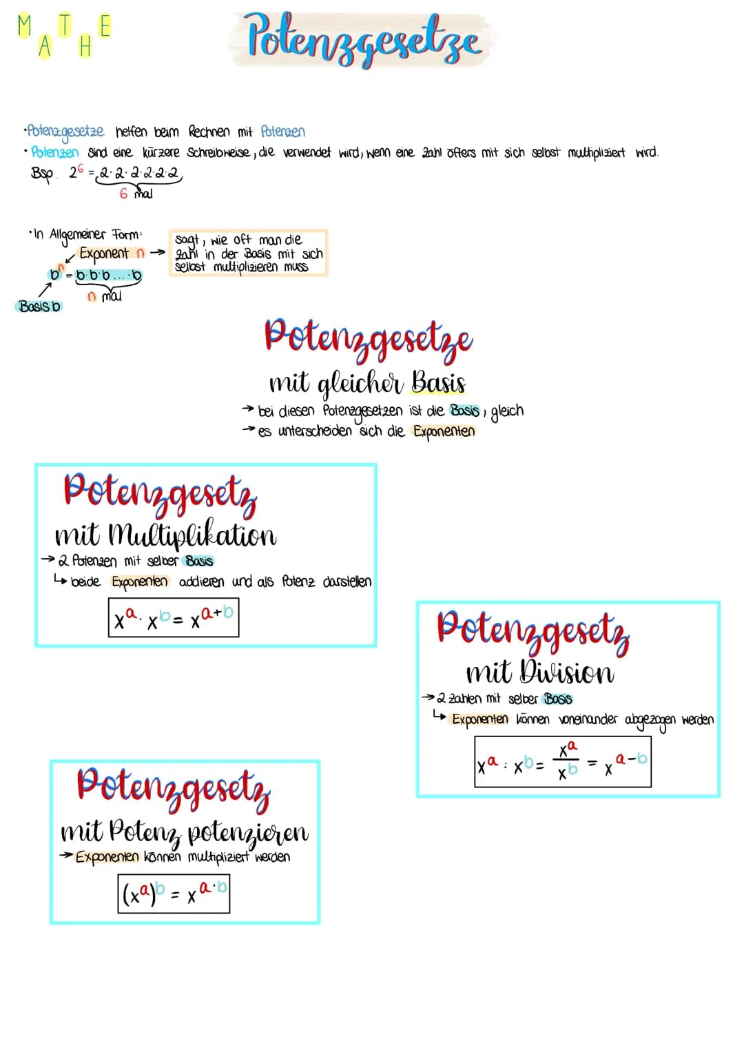 TE
A H
•Potenzgesetze helfen beim Rechnen mit Potenzen
• Potenzen sind eine kürzere Schreibweise, die verwendet wird, wenn eine Zahl öfters 