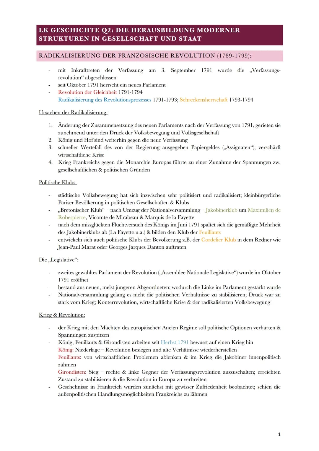 LK GESCHICHTE Q2: DIE HERAUSBILDUNG MODERNER
STRUKTUREN IN GESELLSCHAFT UND STAAT
RADIKALISIERUNG DER FRANZÖSISCHE REVOLUTION (1789-1799):
m