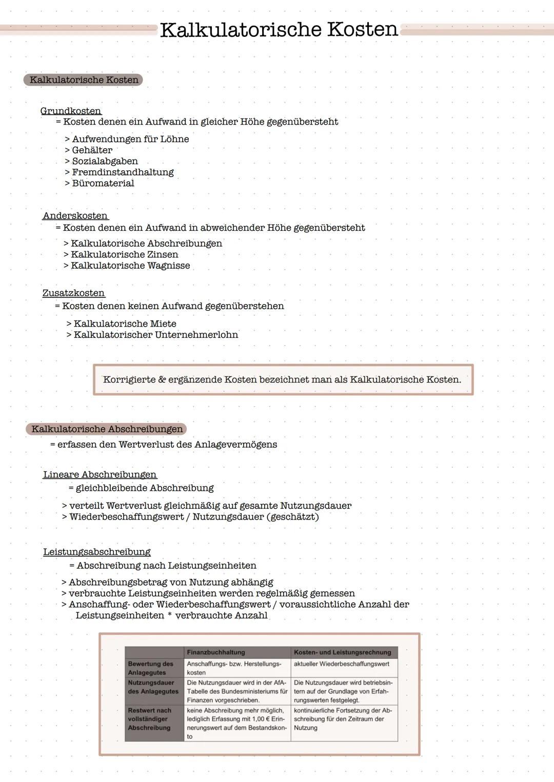 # Kalkulatorische Kosten

Kalkulatorische Kosten

Grundkosten

= Kosten denen ein Aufwand in gleicher Höhe gegenübersteht

> Aufwendungen fü