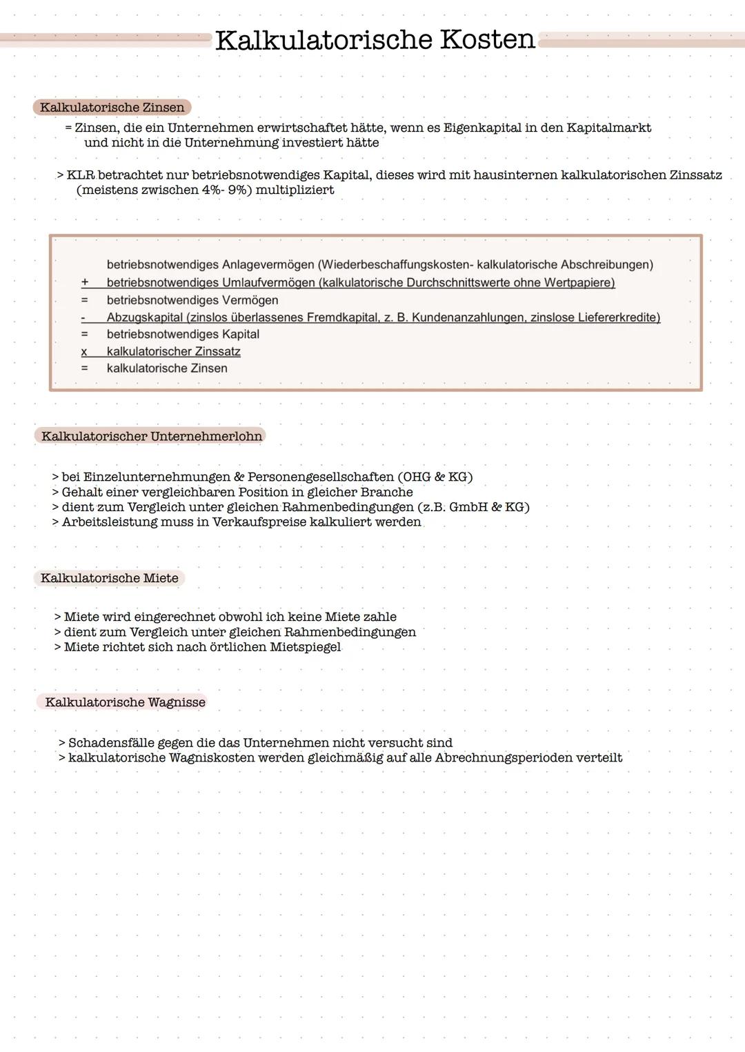 # Kalkulatorische Kosten

Kalkulatorische Kosten

Grundkosten

= Kosten denen ein Aufwand in gleicher Höhe gegenübersteht

> Aufwendungen fü
