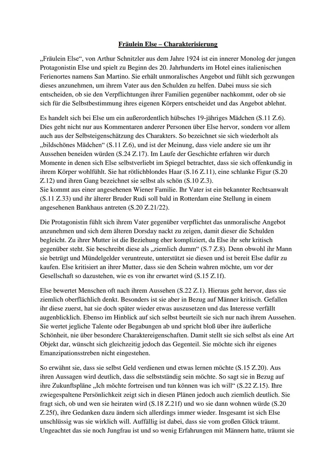 Fräulein Else - Charakterisierung
,,Fräulein Else", von Arthur Schnitzler aus dem Jahre 1924 ist ein innerer Monolog der jungen
Protagonisti