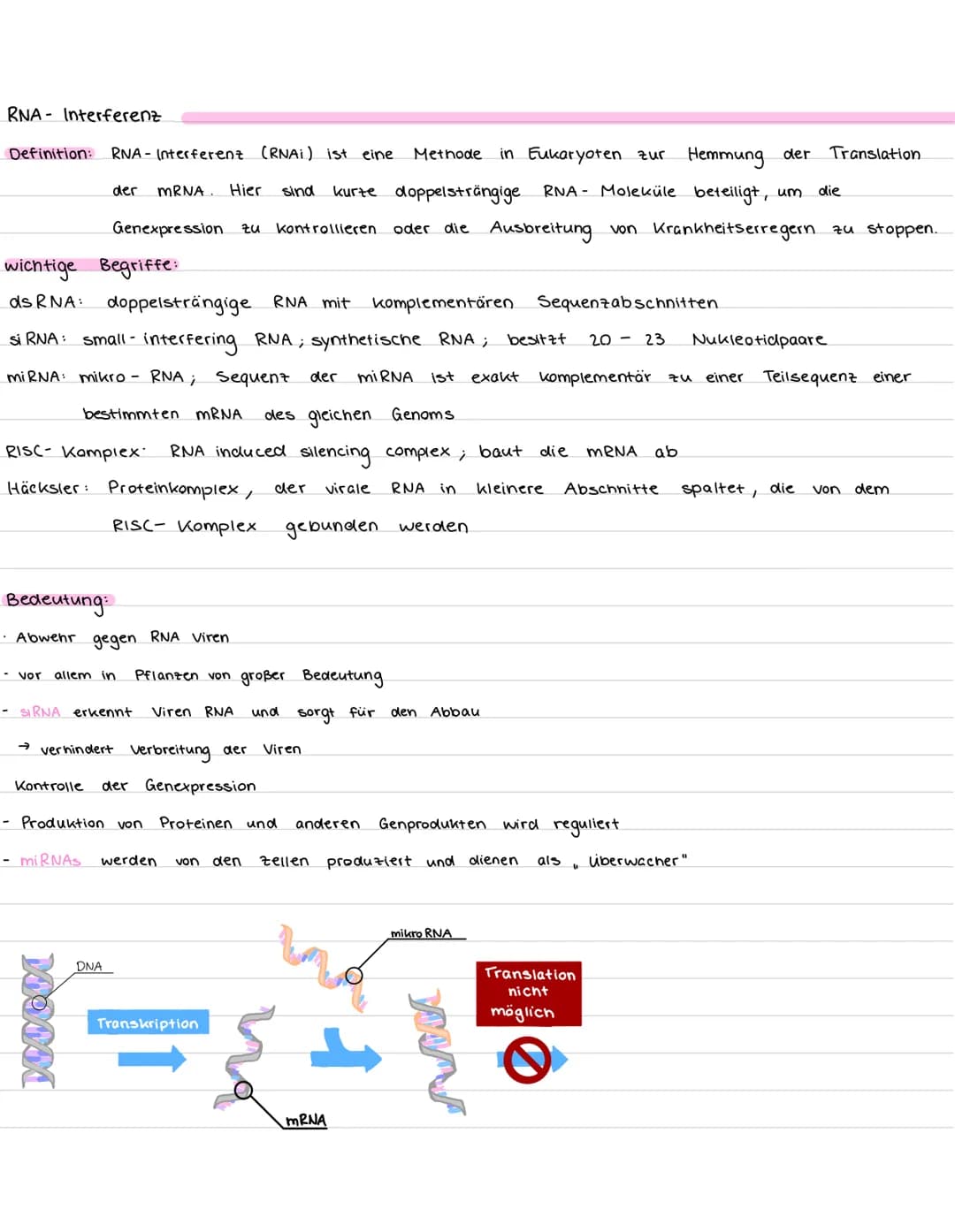 RNA- Interferenz
Definition: RNA- Interferenz (RNAI) ist eine. Methode in Eukaryoten zur
Hemmung der
der mRNA. Hier
kurze doppelsträngige RN