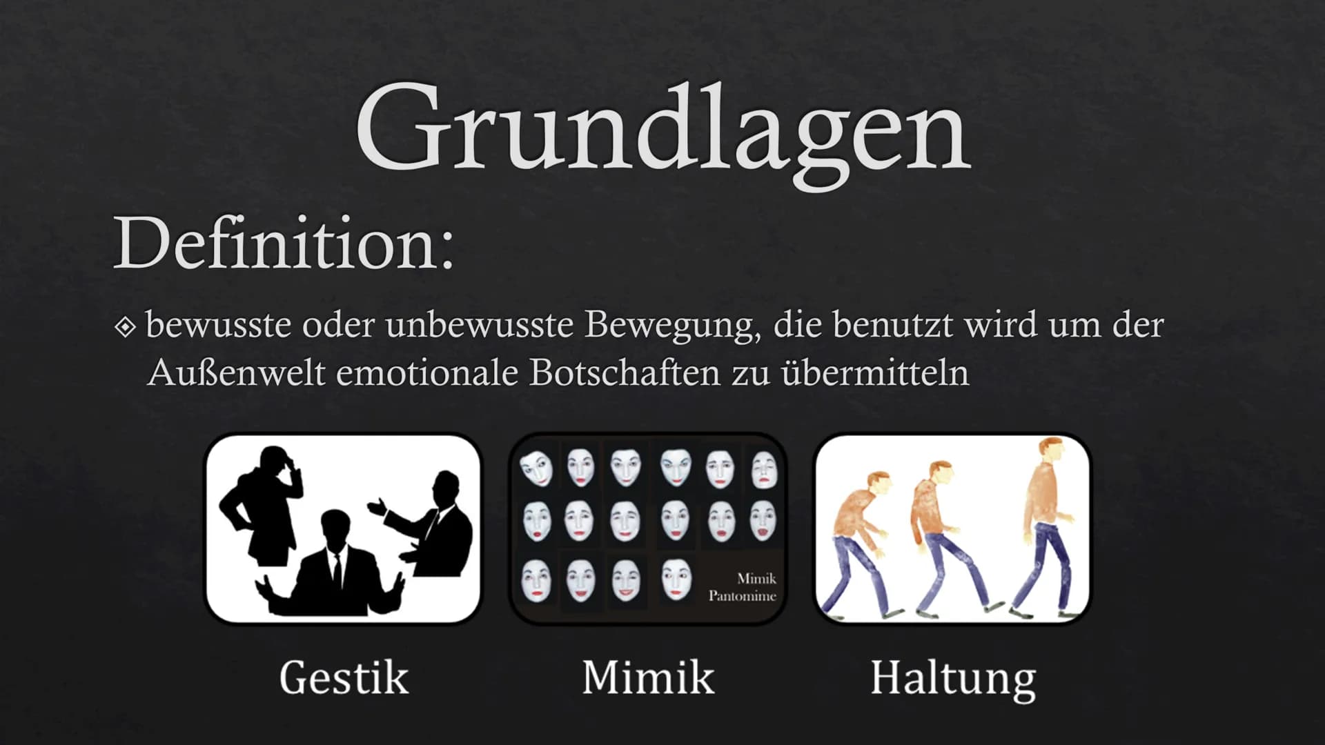  Körpersprach
e Gliederung
1. Grundlagen
1. Definition
2. Bewusste und unbewusste Körpersprache
2. Schwierigkeiten
3. Körpersprache als Wel