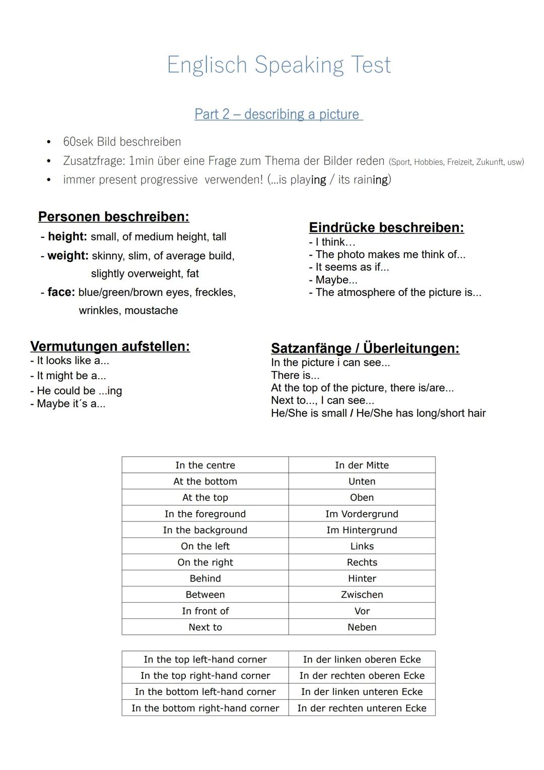 Englisch Speaking Test

Part 2 - describing a picture

- 60sek Bild beschreiben
- Zusatzfrage: 1min über eine Frage zum Thema der Bilder red
