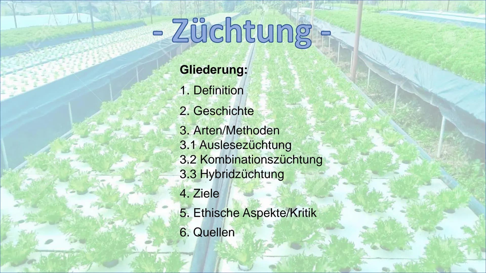 - Züchtung
Gliederung:
1. Definition
2. Geschichte
3. Arten/Methoden
3.1 Auslesezüchtung
3.2 Kombinationszüchtung
3.3 Hybridzüchtung
4. Ziel