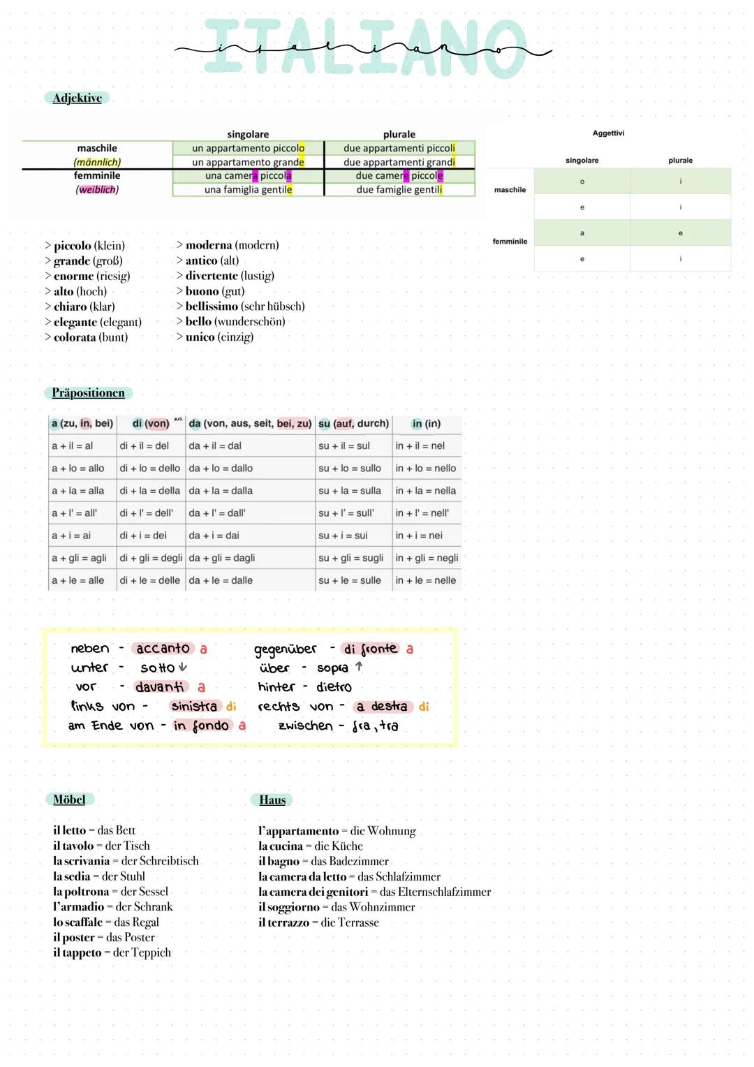 Adjektive
maschile
(männlich)
femminile
(weiblich)
> piccolo (klein).
> grande (groß)
> enorme (riesig)
> alto (hoch)
> chiaro (klar)
> eleg
