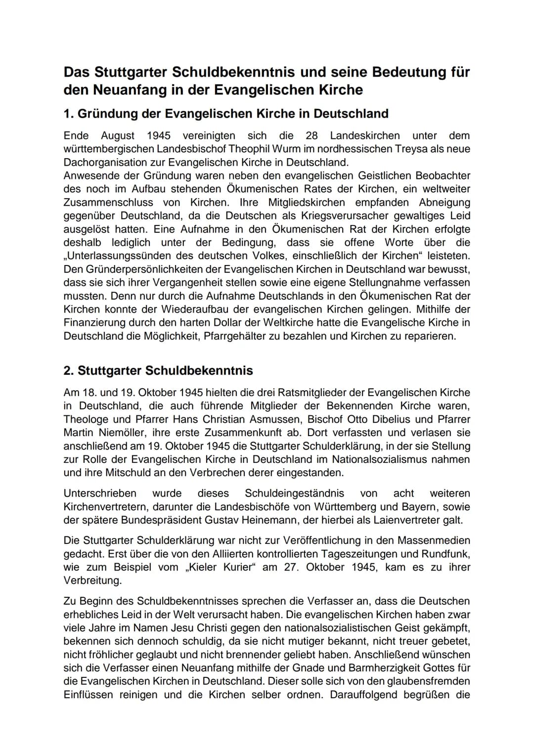 Das Stuttgarter Schuldbekenntnis und seine Bedeutung für
den Neuanfang in der Evangelischen Kirche
1. Gründung der Evangelischen Kirche in D