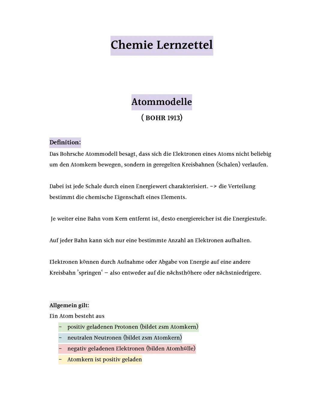 Chemie- Klausur- Lernzettel