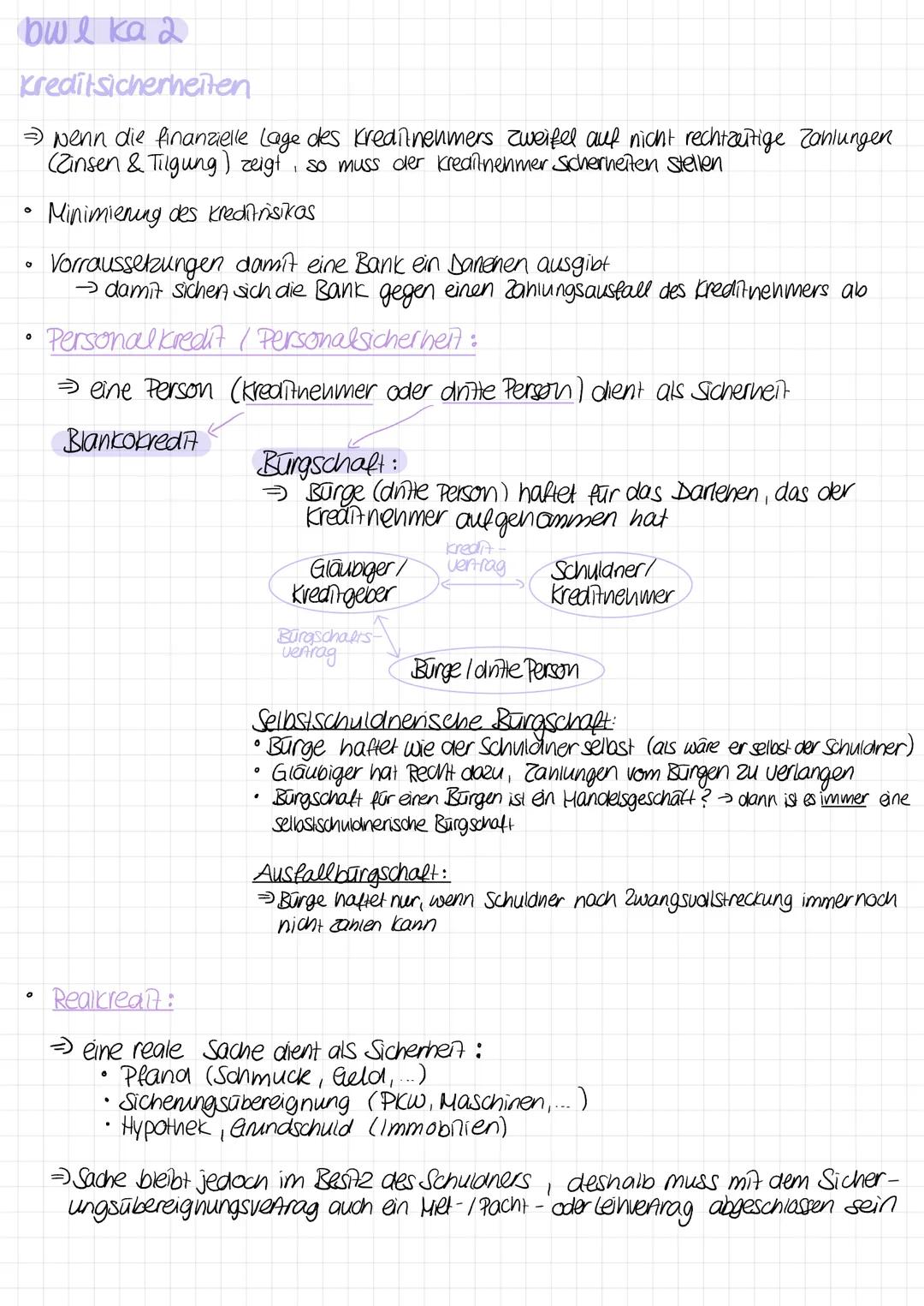 # bwl l ka 2

kreditsicherheiten

- $\Rightarrow$ Wenn die finanzielle Lage des Kreditnehmers Zweifel auf nicht rechtzeitige Zahlungen (Zins