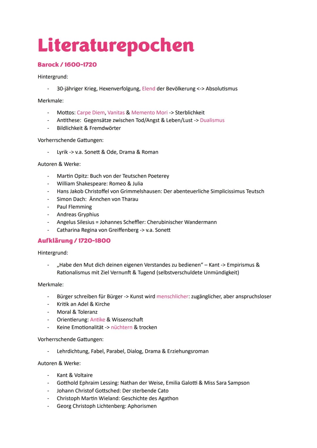 Literaturepochen
Barock/1600-1720
Hintergrund:
30-jähriger Krieg, Hexenverfolgung, Elend der Bevölkerung <-> Absolutismus
Merkmale:
Mottos: 