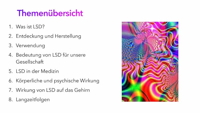 LSD
Lysergsäurediethylamid
Eine Präsentation von Marie Reinhold Themenübersicht
1. Was ist LSD?
2. Entdeckung und Herstellung
3. Verwendung
