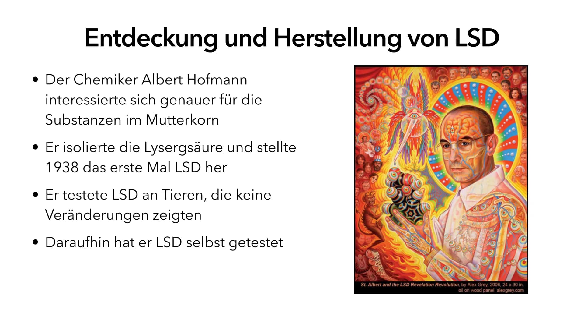 LSD
Lysergsäurediethylamid
Eine Präsentation von Marie Reinhold Themenübersicht
1. Was ist LSD?
2. Entdeckung und Herstellung
3. Verwendung
