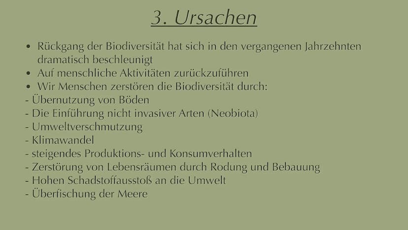 Menschliche Aktivitäten bedrohen die
Biodiversität 1. Biodiversität Definition
2. Artenvielfalt
Inhalt
2.1 Hotspots
3. Ursachen
4. Abhängigk