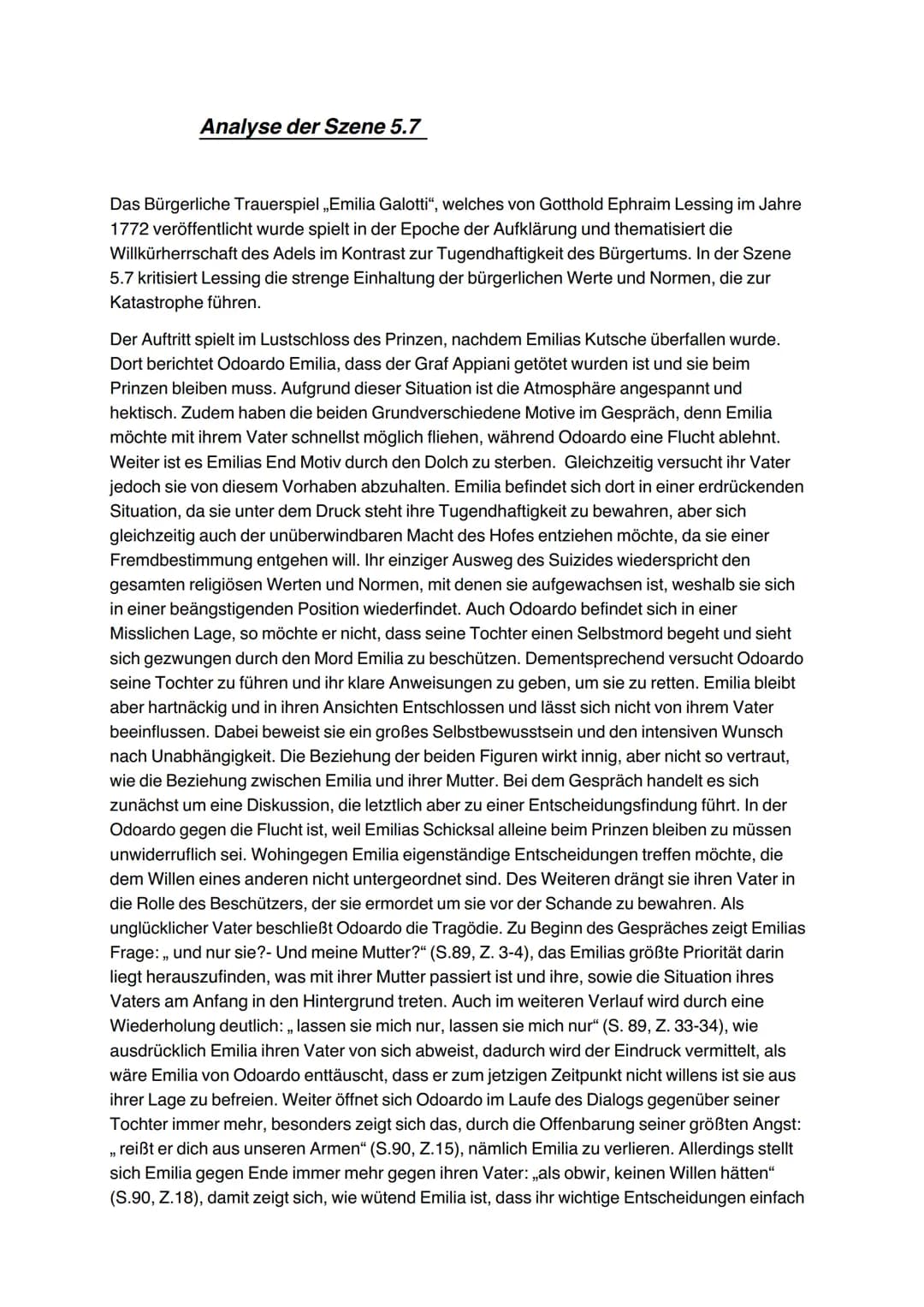 Analyse der Szene 5.7
Das Bürgerliche Trauerspiel ,,Emilia Galotti", welches von Gotthold Ephraim Lessing im Jahre
1772 veröffentlicht wurde