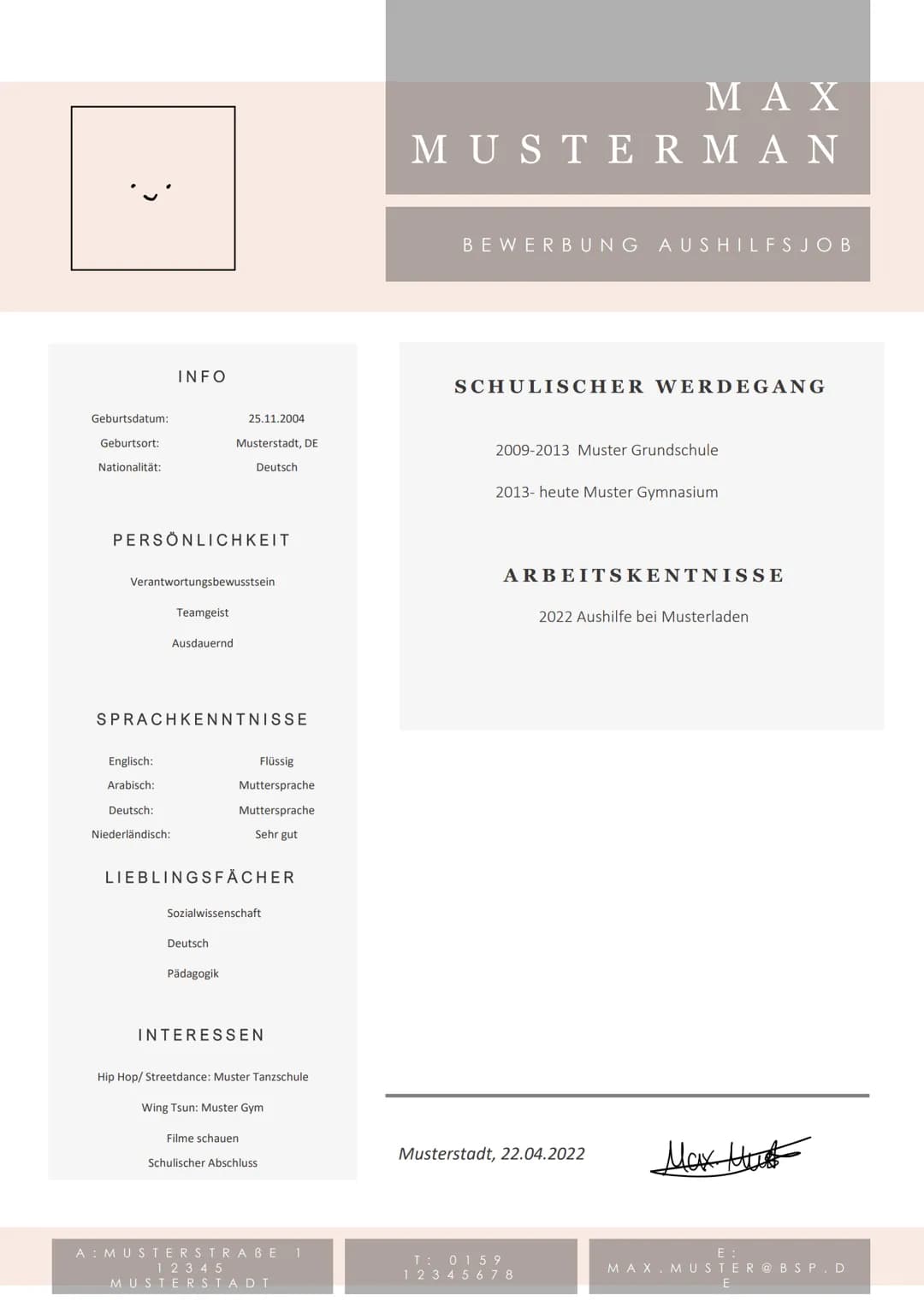 Geburtsdatum:
Geburtsort:
Nationalität:
INFO
PERSÖNLICHKEIT
Englisch:
Arabisch:
Verantwortungsbewusstsein
Teamgeist
Deutsch:
Niederländisch: