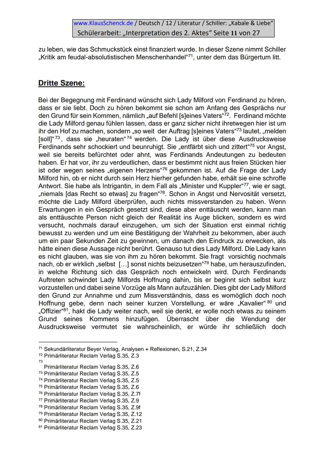 www.KlausSchenck.de / Deutsch / 12/ Literatur / Schiller: ,,Kabale & Liebe"
Schülerarbeit: ,,Interpretation des 2. Aktes" Seite 2 von 27
Inh