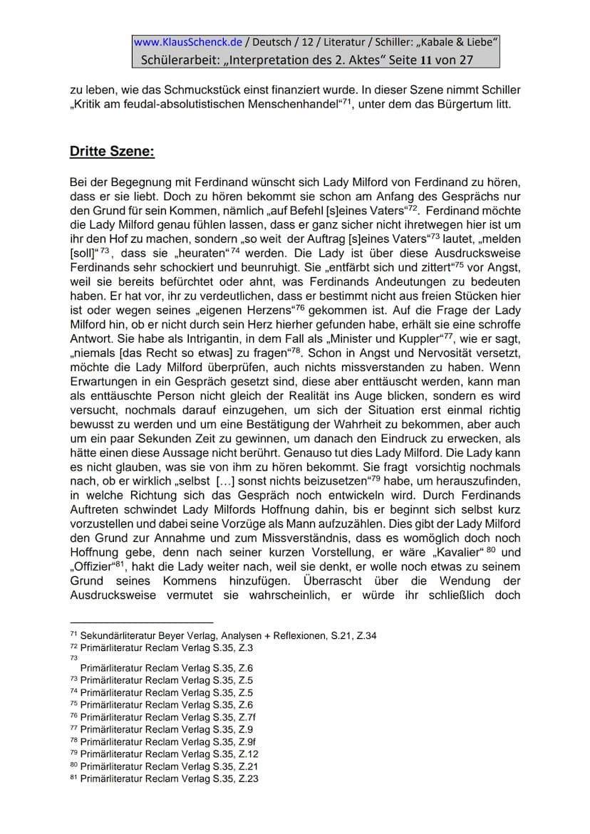 www.KlausSchenck.de / Deutsch / 12/ Literatur / Schiller: ,,Kabale & Liebe"
Schülerarbeit: ,,Interpretation des 2. Aktes" Seite 2 von 27
Inh