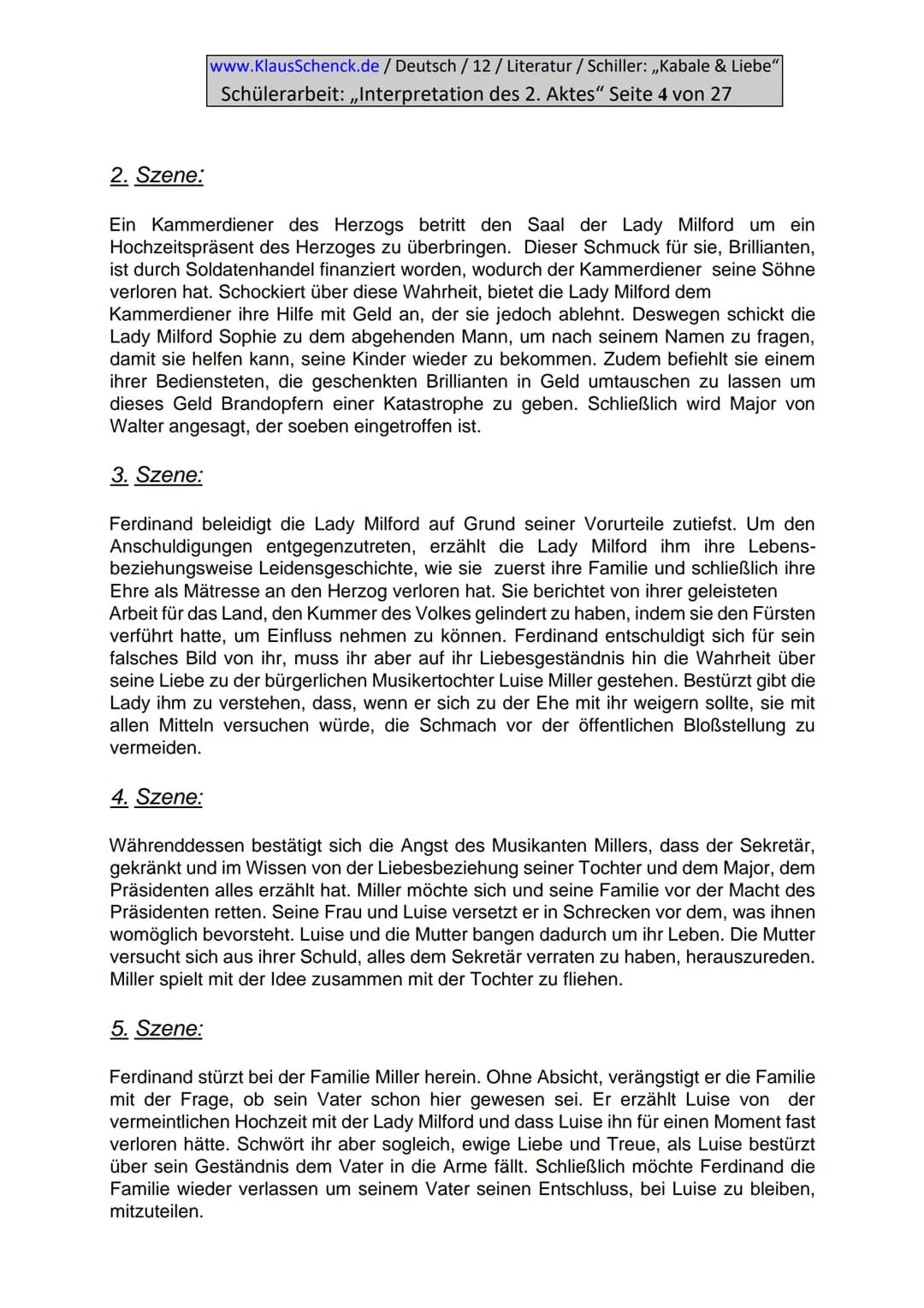 www.KlausSchenck.de / Deutsch / 12/ Literatur / Schiller: ,,Kabale & Liebe"
Schülerarbeit: ,,Interpretation des 2. Aktes" Seite 2 von 27
Inh