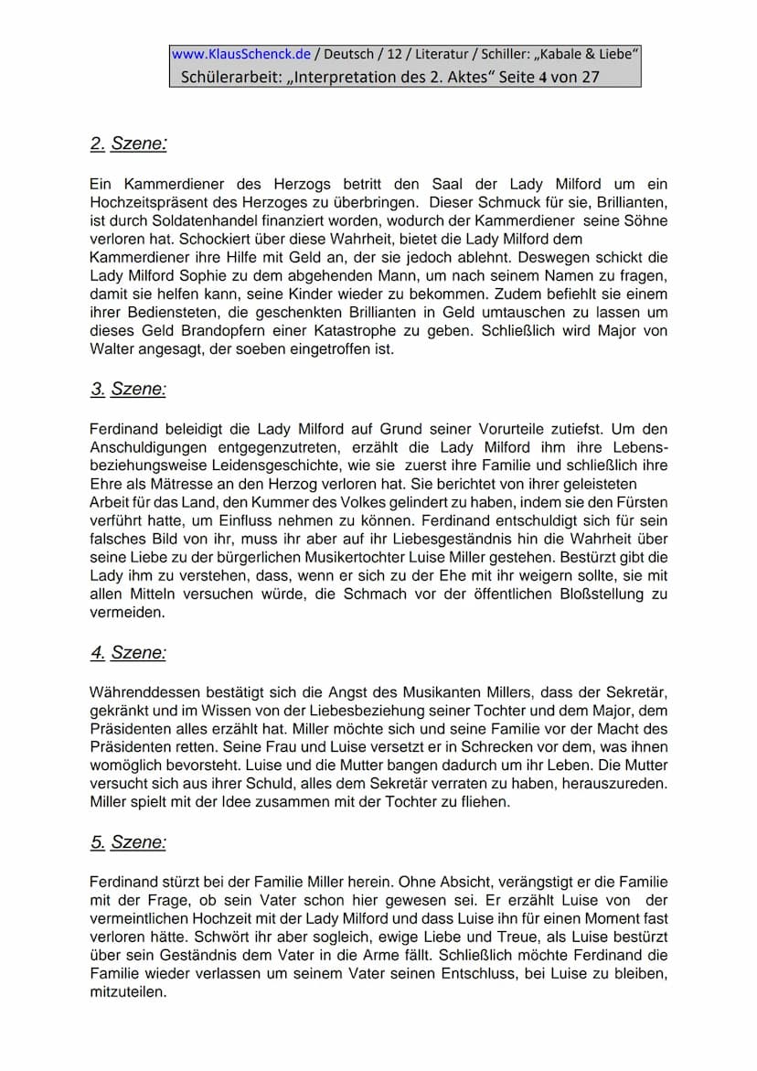 www.KlausSchenck.de / Deutsch / 12/ Literatur / Schiller: ,,Kabale & Liebe"
Schülerarbeit: ,,Interpretation des 2. Aktes" Seite 2 von 27
Inh