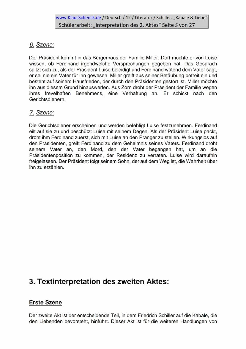 www.KlausSchenck.de / Deutsch / 12/ Literatur / Schiller: ,,Kabale & Liebe"
Schülerarbeit: ,,Interpretation des 2. Aktes" Seite 2 von 27
Inh