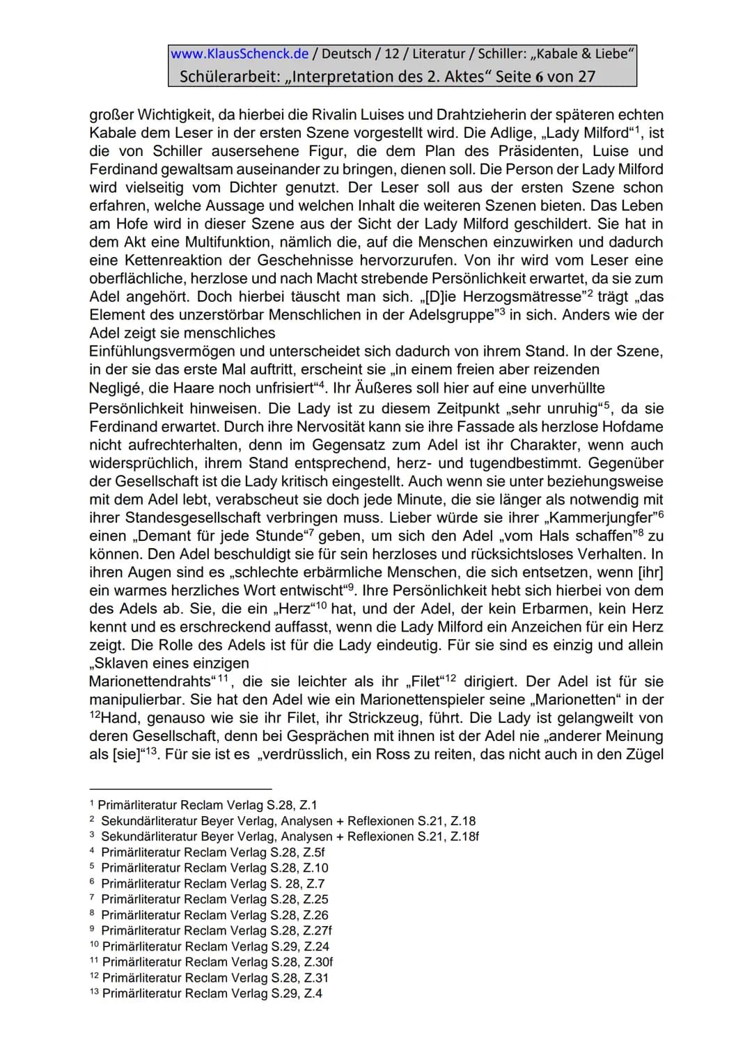 www.KlausSchenck.de / Deutsch / 12/ Literatur / Schiller: ,,Kabale & Liebe"
Schülerarbeit: ,,Interpretation des 2. Aktes" Seite 2 von 27
Inh
