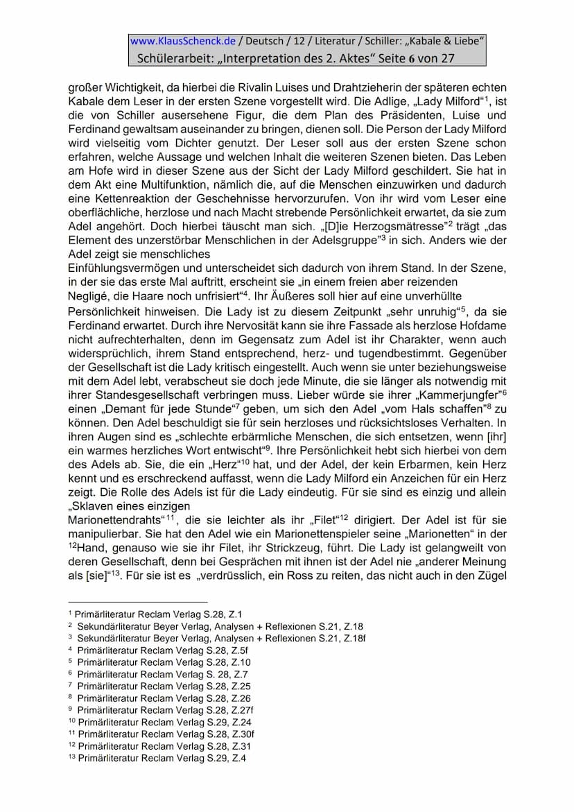 www.KlausSchenck.de / Deutsch / 12/ Literatur / Schiller: ,,Kabale & Liebe"
Schülerarbeit: ,,Interpretation des 2. Aktes" Seite 2 von 27
Inh