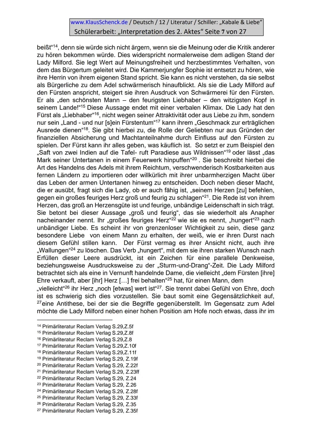 www.KlausSchenck.de / Deutsch / 12/ Literatur / Schiller: ,,Kabale & Liebe"
Schülerarbeit: ,,Interpretation des 2. Aktes" Seite 2 von 27
Inh