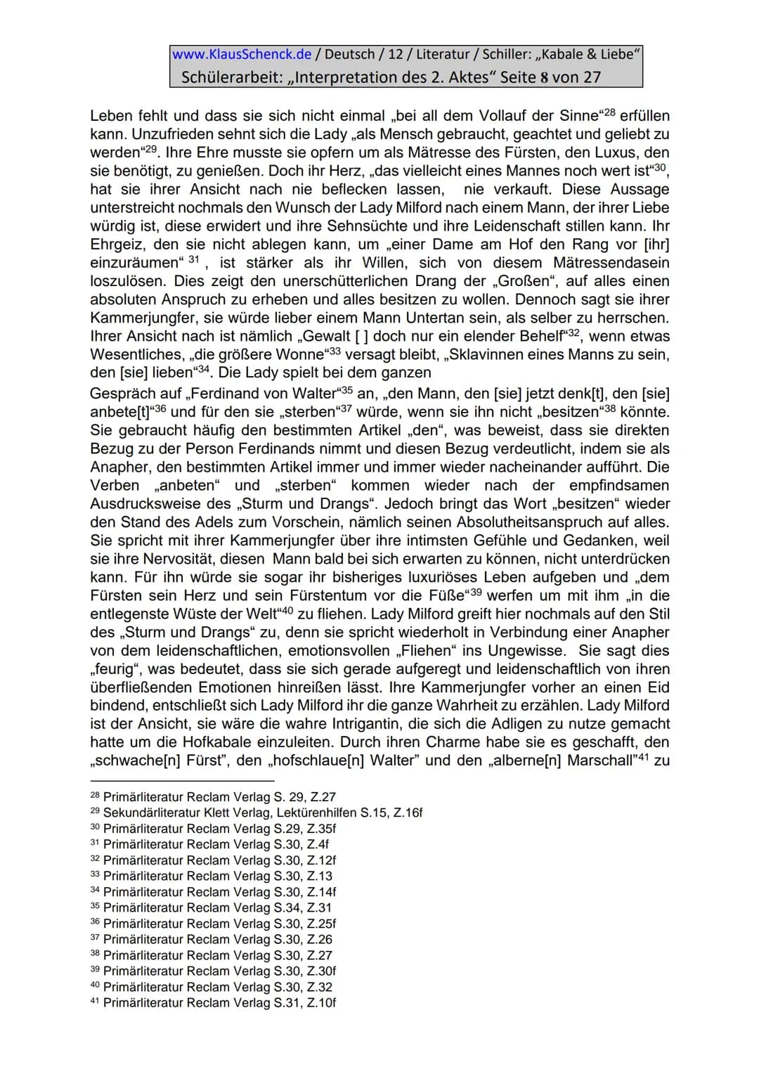 www.KlausSchenck.de / Deutsch / 12/ Literatur / Schiller: ,,Kabale & Liebe"
Schülerarbeit: ,,Interpretation des 2. Aktes" Seite 2 von 27
Inh