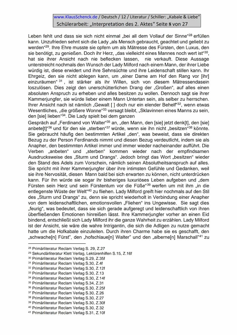 www.KlausSchenck.de / Deutsch / 12/ Literatur / Schiller: ,,Kabale & Liebe"
Schülerarbeit: ,,Interpretation des 2. Aktes" Seite 2 von 27
Inh