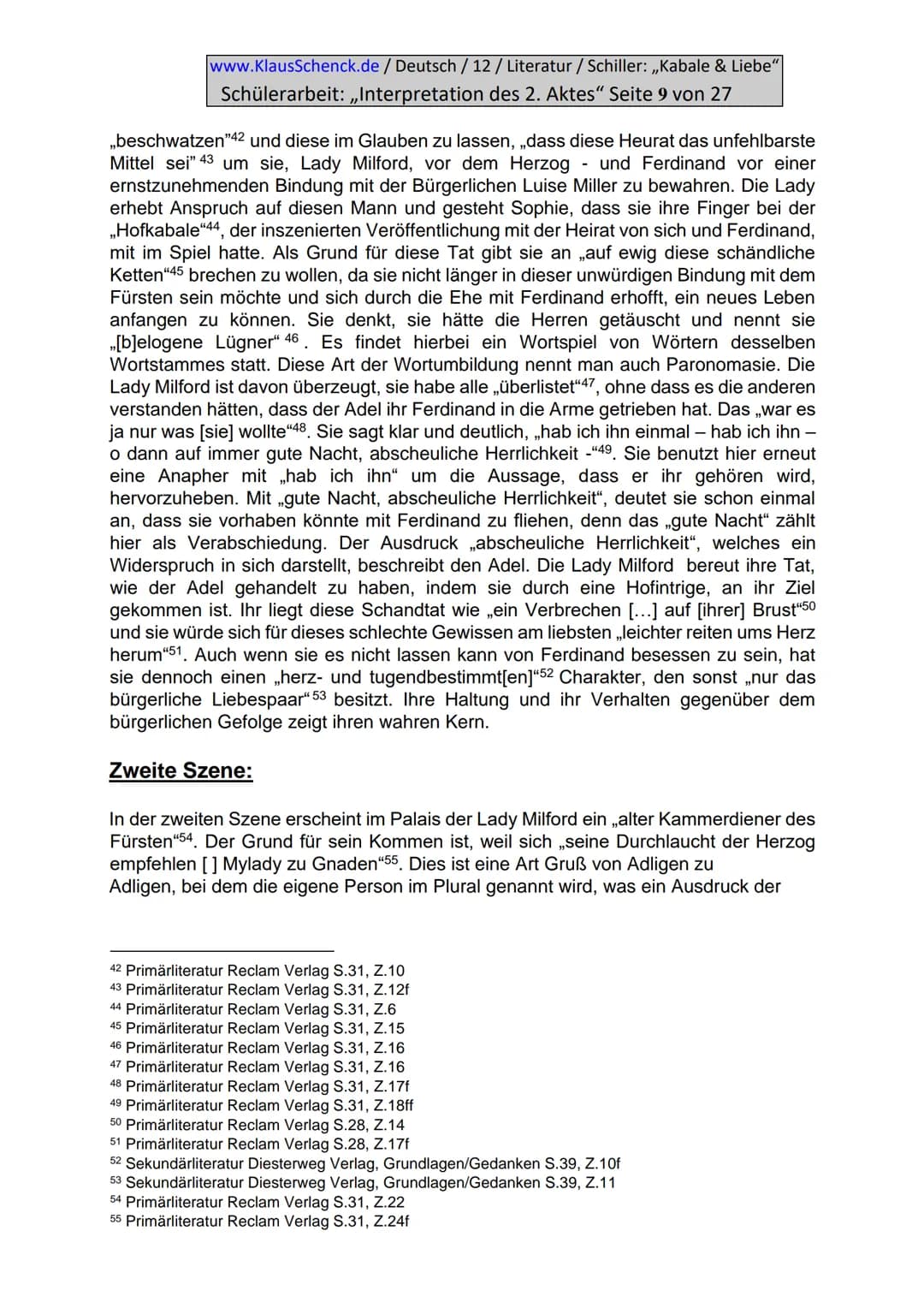 www.KlausSchenck.de / Deutsch / 12/ Literatur / Schiller: ,,Kabale & Liebe"
Schülerarbeit: ,,Interpretation des 2. Aktes" Seite 2 von 27
Inh