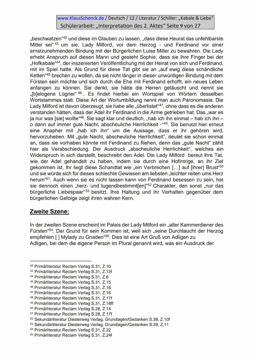 www.KlausSchenck.de / Deutsch / 12/ Literatur / Schiller: ,,Kabale & Liebe"
Schülerarbeit: ,,Interpretation des 2. Aktes" Seite 2 von 27
Inh