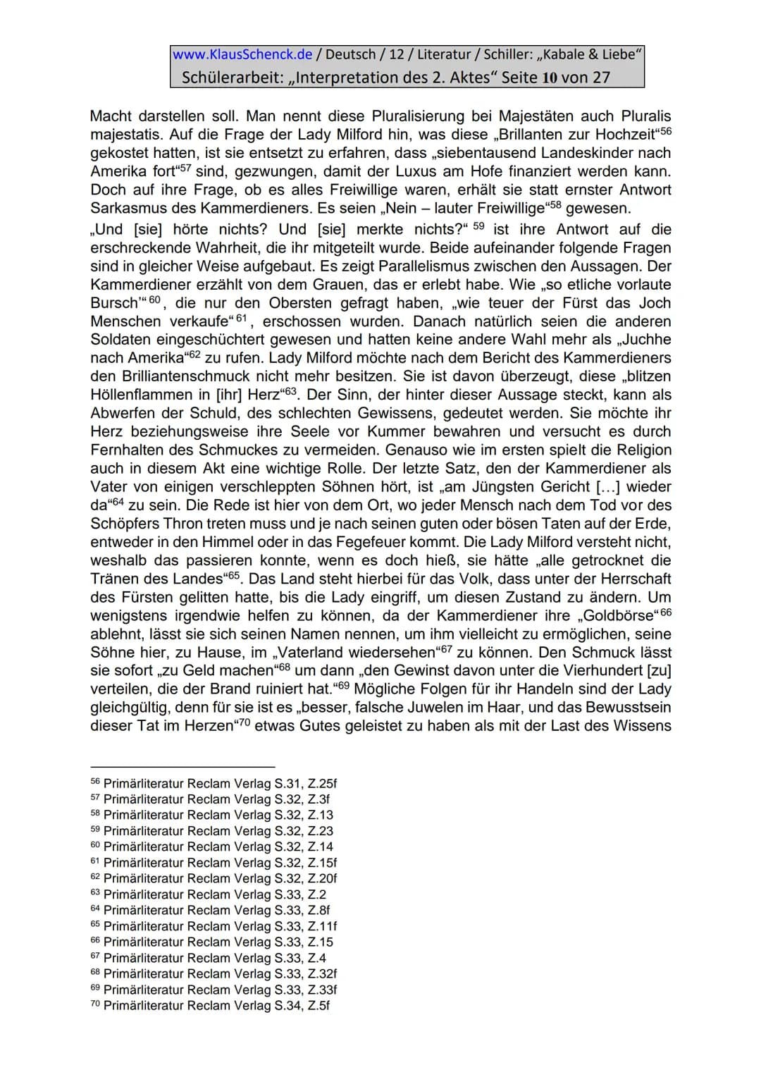www.KlausSchenck.de / Deutsch / 12/ Literatur / Schiller: ,,Kabale & Liebe"
Schülerarbeit: ,,Interpretation des 2. Aktes" Seite 2 von 27
Inh