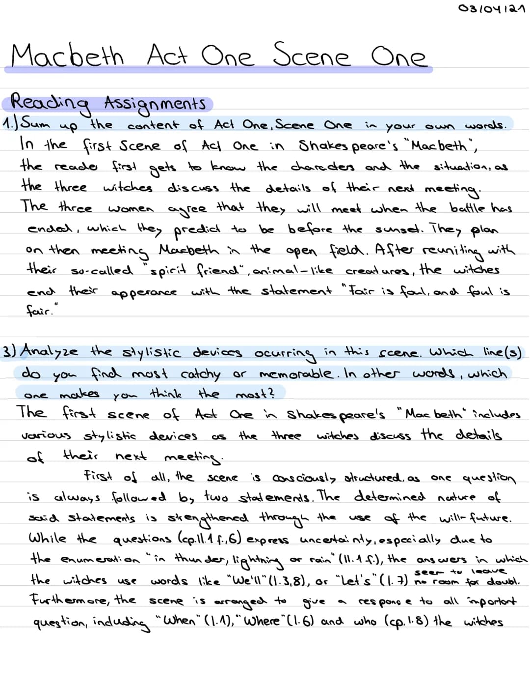 Macbeth Act One Scene One
Reading Assignments
1.) Sum
up
in your own words.
In the first Scene of Act One in Shakespeare's "Macbeth",
the re