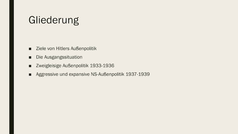 DIE NS-
AUBENPOLITIK
Eine Präsentation von AT
$ Gliederung
Ziele von Hitlers Außenpolitik
Die Ausgangssituation
Zweigleisige Außenpolitik 19