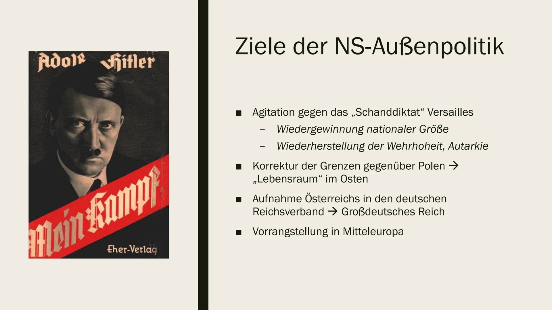 DIE NS-
AUBENPOLITIK
Eine Präsentation von AT
$ Gliederung
Ziele von Hitlers Außenpolitik
Die Ausgangssituation
Zweigleisige Außenpolitik 19